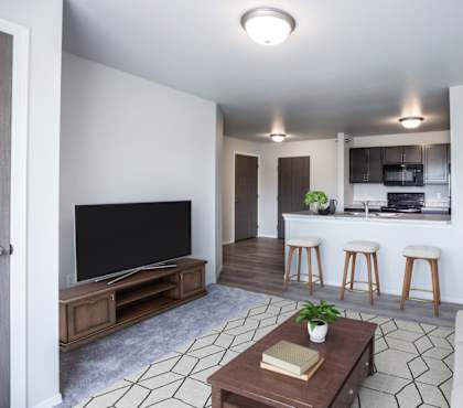 A living room with a television, a couch, and a coffee table.
