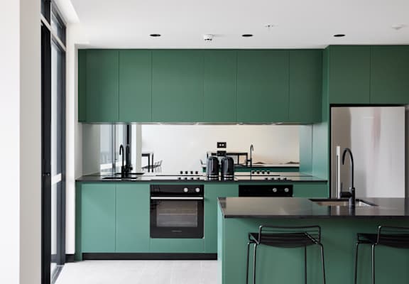 a kitchen with green cabinets and black counter tops and a sink