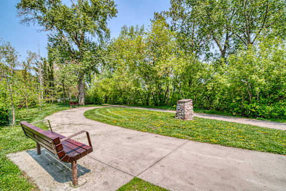 A park bench sits on a concrete slab in the middle of a grassy area.