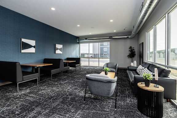 A modern living room with a grey carpet and black and white furniture.