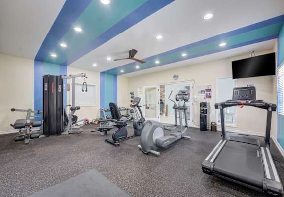 A gym with a variety of equipment including treadmills, weights, and exercise machines.