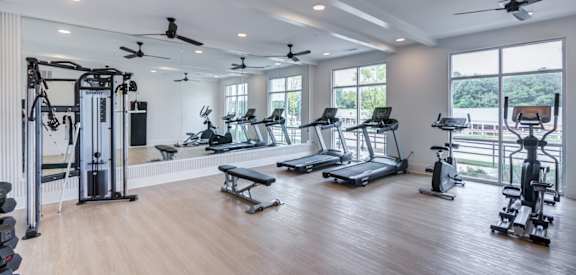 Resident fitness center with cardio and strength equipment at Townes at Clarkston Centre apartments in Clarkston, GA.