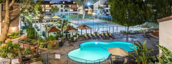 A pool surrounded by trees and umbrellas at night.