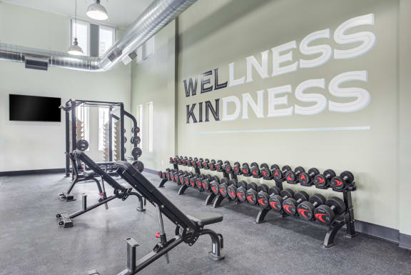 a spacious fitness room with a row of free weights in front of a wall that says wellness