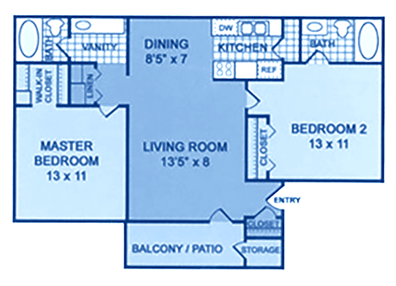 floor plan of a 2 bedroom floor plan with a living room and a dining room