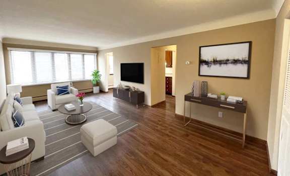 a living room with a couch and a table