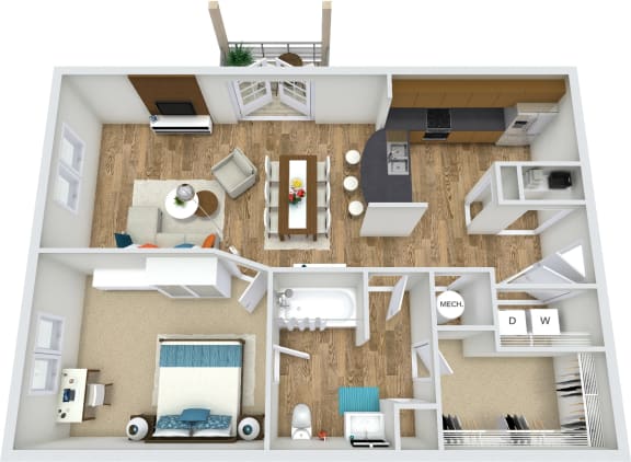 A1 1 Bedroom 1 Bath 3D Floor Plan at Rose Heights Apartments, Raleigh, 27613