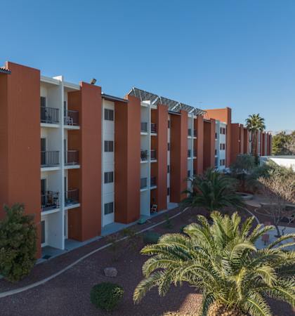 A long building with balconies and a palm tree in front.