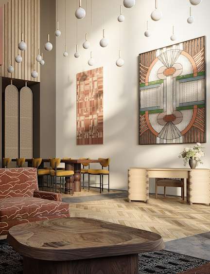 A living room with a brown sofa and a coffee table.