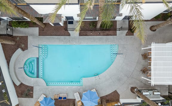 a view of the pool from above at the ace hotel anaheim resort