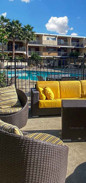 A poolside area with wicker furniture and a yellow cushion.