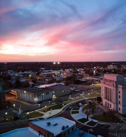a view of the city at sunset