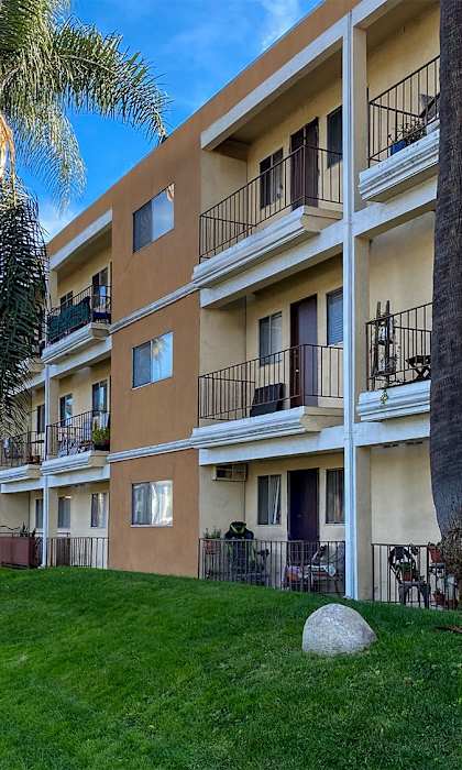 A building with balconies and a palm tree in front.