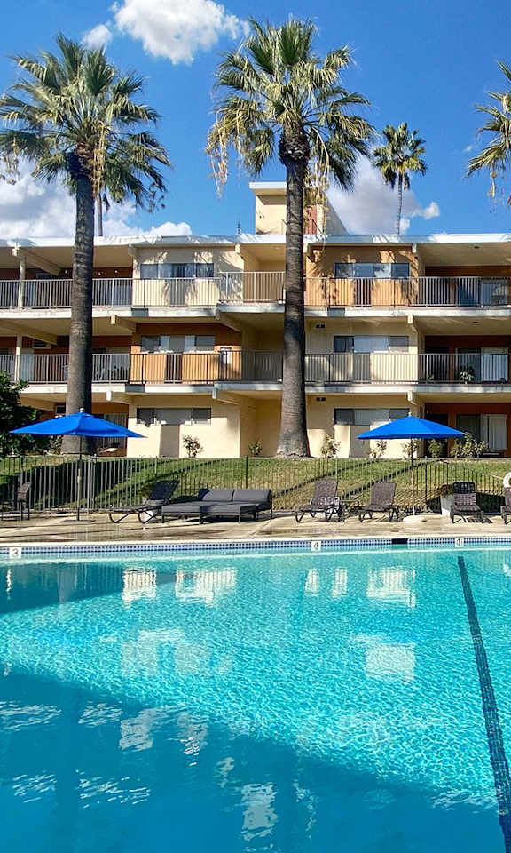 A large swimming pool in front of a multi-story apartment building with palm trees.