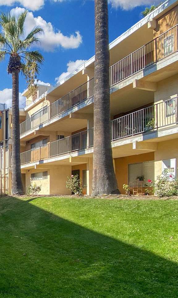 A sunny day at a residential complex with palm trees and well-kept lawns.