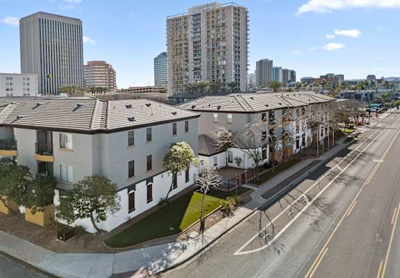 an aerial view of apartments in a city with tall buildings