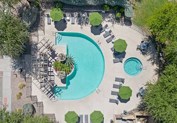 An aerial view of a pool surrounded by green trees and umbrellas.