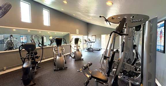A gym with a variety of exercise equipment including treadmills, stationary bikes, and weight machines.