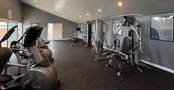 A gym with treadmills, elliptical machines, and other exercise equipment.