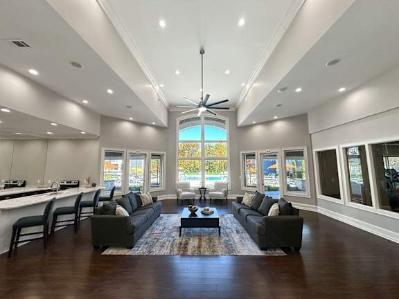 Saltwater pool and outdoor entertaining lounge with cornhole