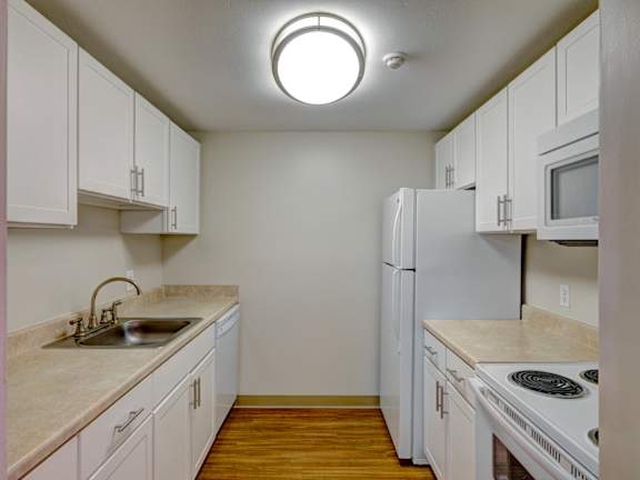 One bedroom apartment kitchen at Rockingham Glen in West Roxbury, MA