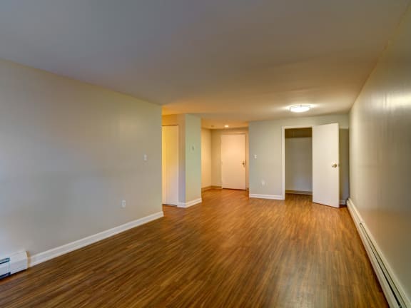 One bedroom apartment living room at Rockingham Glen in West Roxbury, MA