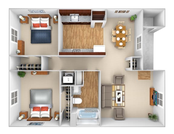 Floor Plan  Two BR, one bathroom Floor Plan at Evangeline Village Apartment Homes, Louisiana
