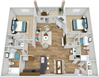B2 2 Bedroom 2 Bath 3D Floor Plan at Rose Heights Apartments, North Carolina, 27613