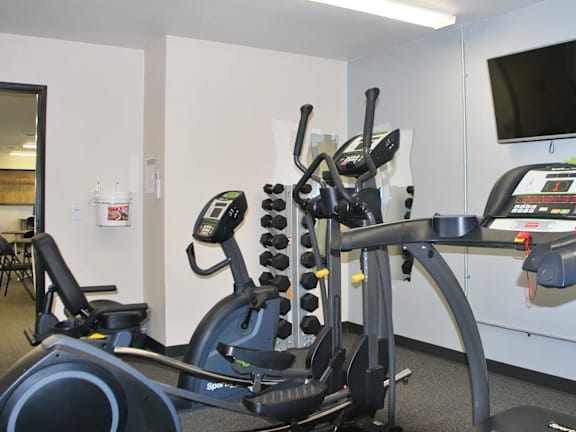 A gym with a stationary bike and a treadmill.