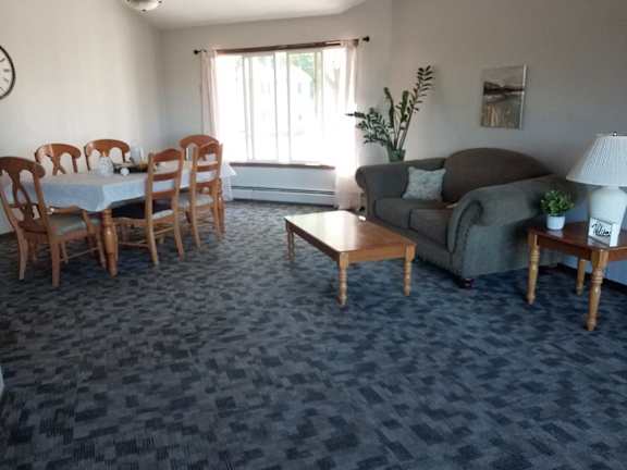 A living room with a grey carpet and a grey couch.