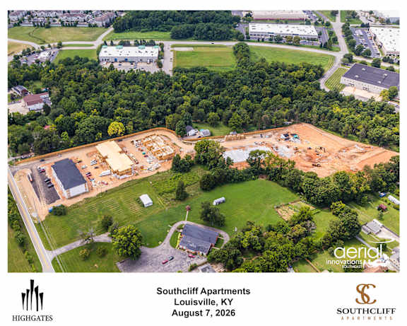 An aerial view of a construction site for Southcliff Apartments in Louisville, KY.