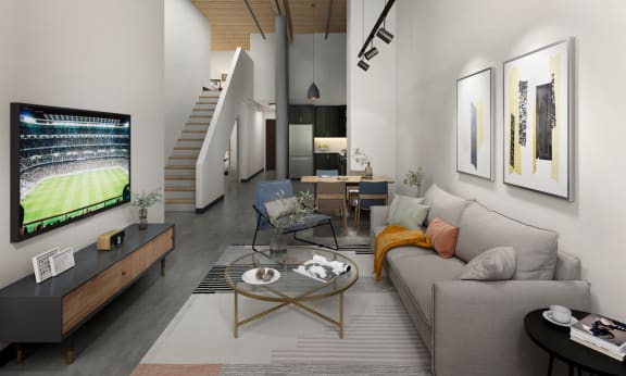a rendering of a communal area with a kitchen and dining area