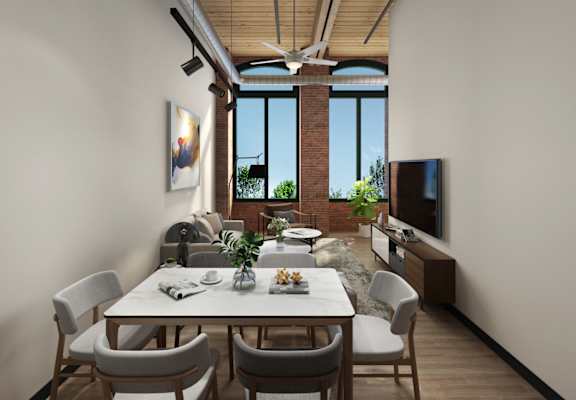 a rendering of a living room with a large white table and chairs and a flat screen tv