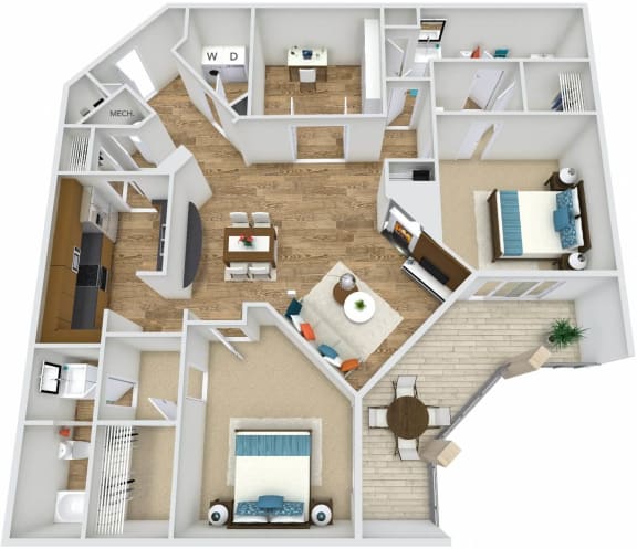 Floor Plan  B5 Plus Den 2 Bedroom 2 Bath 3D Floor Plan at Rose Heights Apartments, North Carolina