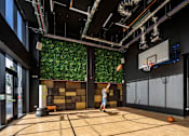 Thumbnail 8 of 8 - A man is playing basketball in a room with a green wall.