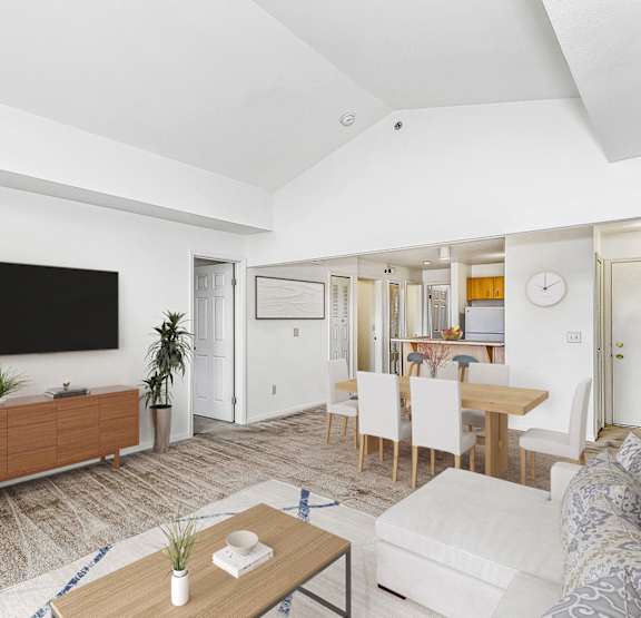 A dining room with a cathedral ceiling and kitchen with a breakfast bar at Colonial Pointe at Fairview Apartments, Bellevue, 68123