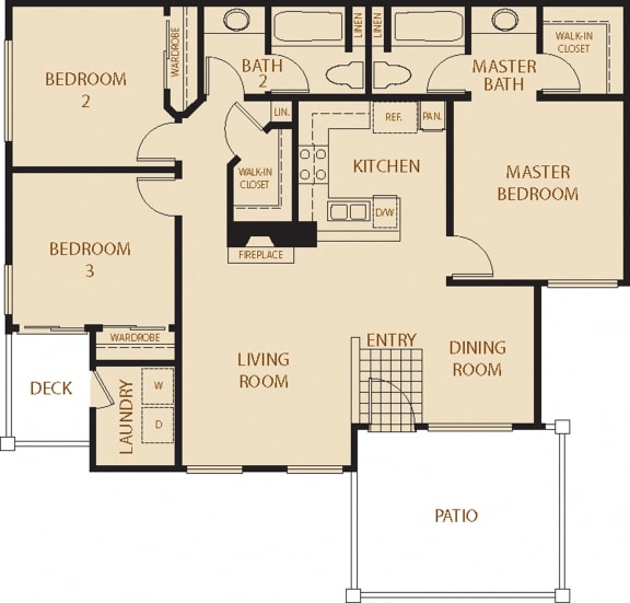 Sycamore - 3 Bedroom 2 Bath Floor Plan Layout - 1237 Square Feet