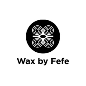 A black and white image of a circular design with the words "Wax by Fefe" below it.