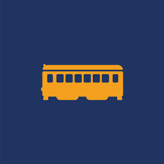 A yellow bus icon on a blue background.