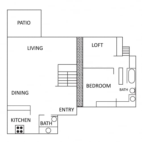 Floor Plan  The 1 bedroom 1 and half bathroom loft style apartment is 1,150 square feet. It has an open floor plan downstairs, with a galley kitchen, half a bathroom, living and dining area and a large patio.