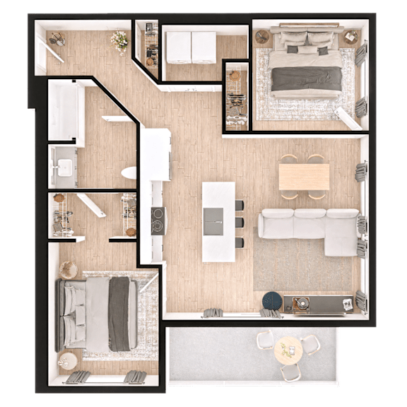 A top-down view of a living room, kitchen, and bathroom.