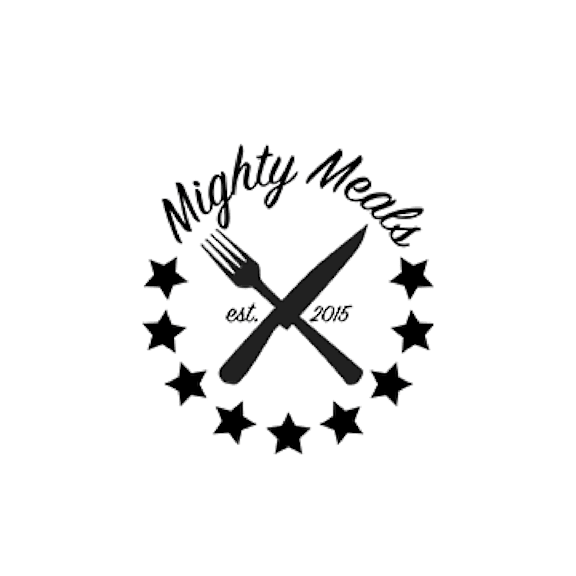 A logo for "Mighty Meals" established in 2015 features a fork and knife crossed over each other with stars surrounding the text.