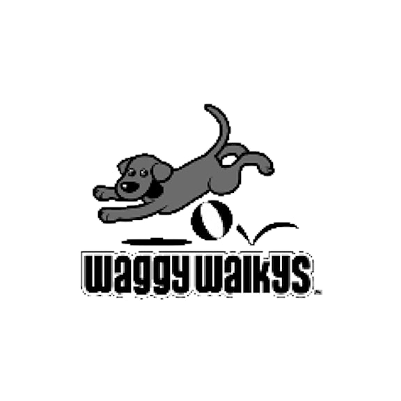 A cartoon dog is leaping through the air with the text "waggy walkys" below it.