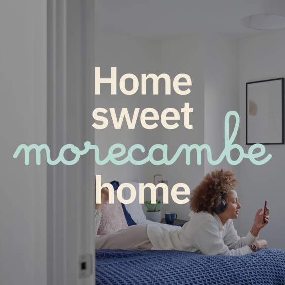 a woman laying on a bed with the words home sweet morecambe home superimposed on