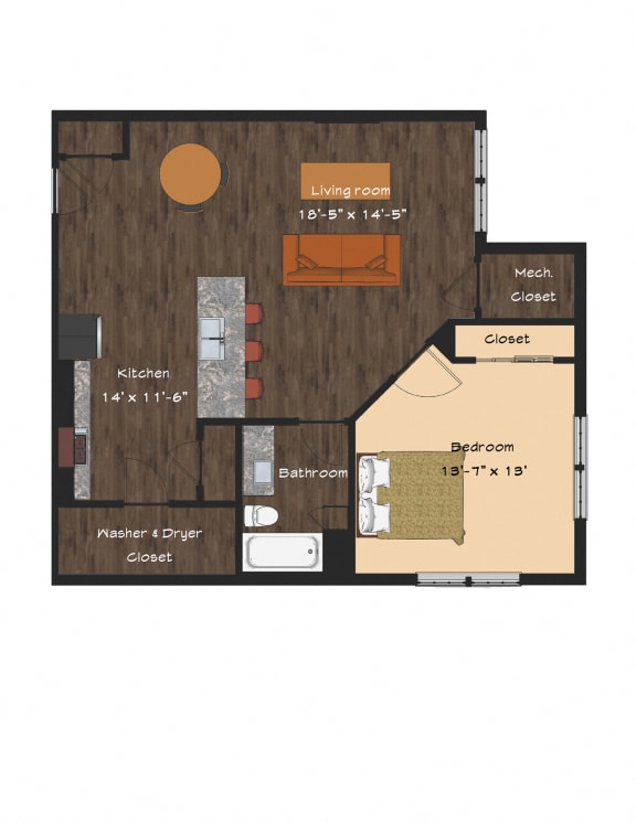 Floor Plan  1 Bedroom Apartment in Mechanicsburg | Oakwood Hills Apartments | PMI