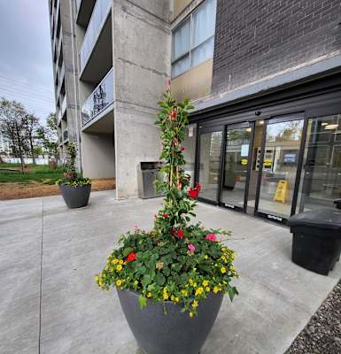 A grey planter with red and yellow flowers sits in front of a building.