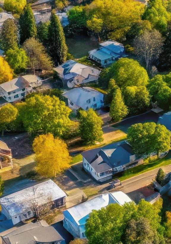 A bird's eye view of a residential area with houses and trees.