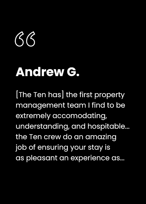 A testimonial from a person named Andrew G. praises the Ten crew for their excellent work.
