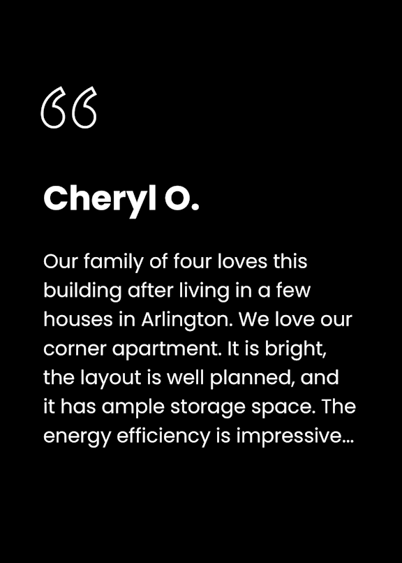 A testimonial from a person named Cheryl O. praises a building for its brightness, well-planned layout, and ample storage space.