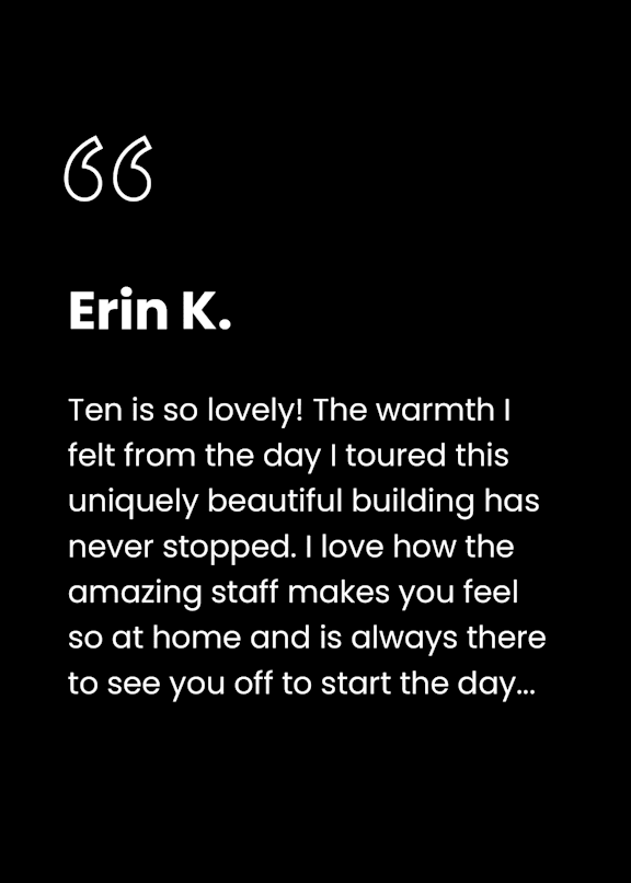 A testimonial from a person named Erin K. praises the warmth and staff of a building.